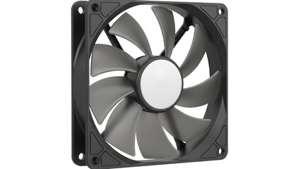 A computer cooling fan with a sleek black design and multiple blades for efficient airflow