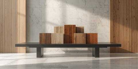 Selection of wood veneer samples used in furniture and architectural accents, emphasizing material diversity