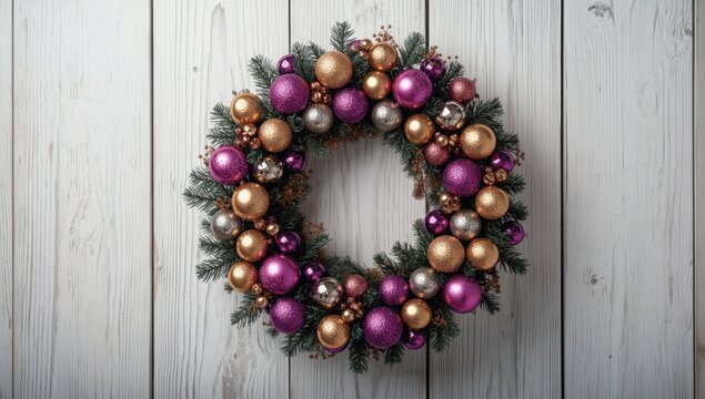 Decorative handmade Christmas wreath featuring purple, gold, and pink ornaments on a white wooden surface, holiday craft