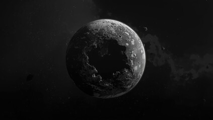 3d digital depiction of monochrome fractured planetary object with a prominent surface opening, illustrating surface degradation, space environment