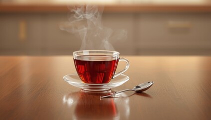 A steaming cup of black tea with a spoon on a glossy table, highlighting beverage presentation and hygiene