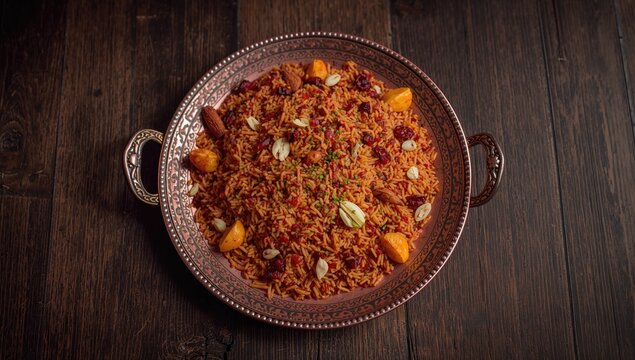 Kashmiri pulao featuring aromatic Basmati rice spices saffron and dried fruits, as a traditional dish