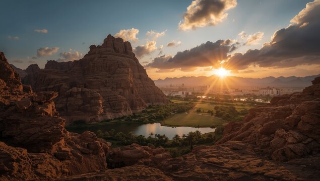 Oasis amidst rocky landscape in Wadi Disah, illustrating erosion processes, Saudi Arabia