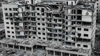 Severely damaged multi-story building with extensive structural collapse and debris damaged building