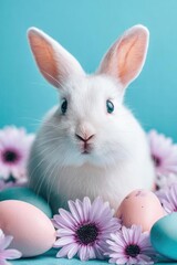 Naklejka premium White bunny with blue eyes sits among pastel Easter eggs and purple daisies against a turquoise backdrop. Concept Pastel Easter bunny portrait with a blue-eyed white rabbit