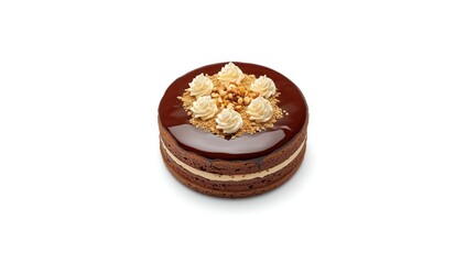 Honey cake featuring chocolate glaze, walnuts, and whipped cream on a white backdrop, designed for dessert display