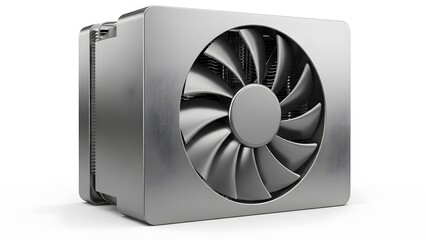 A sleek silver computer cooling fan with a square metal casing and a circular fan blade design