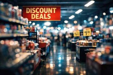 Discount store space designed with layered blur and cool ambient bokeh background