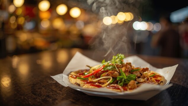 Close up of Banh Trang Nuong, a well-known Vietnamese street snack, highlighting its crispy surface and savory ingredients