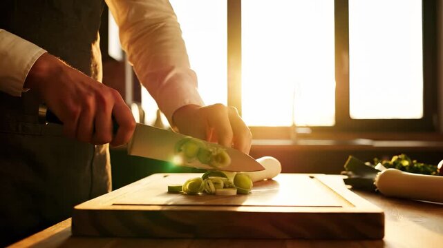 A man skillfully slices a green leek on a wooden cutting board illuminated by the warm sunlight. The sunlight and fresh leek enhance the cooking experience in the cozy kitchen.