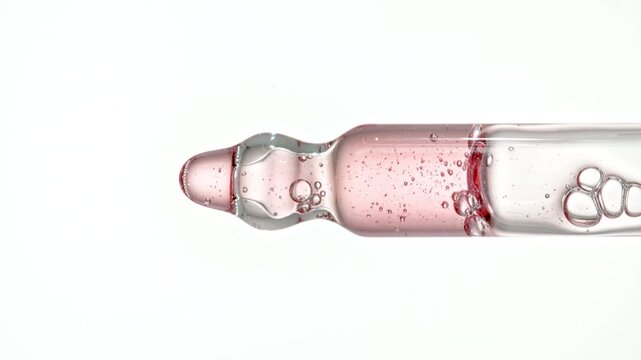 Drops of Essential Oil, Cosmetic Serum Fluid Gel With Bubbles Dripping From a Glass Pipette. Dermatology science laboratory. Macro Shot of Organic Skin or Body Care Products. High quality 4k 