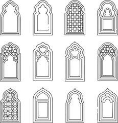 Isolated a kinds of deferent Muslim window line shape collection. Arabic, islam architecture outline frame. Traditional, oriental design. vector art with white background.