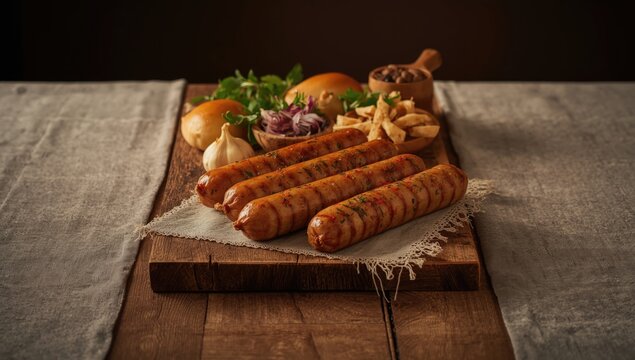 Cooked sausages resting on a wooden countertop with rustic charm, highlighting homemade style