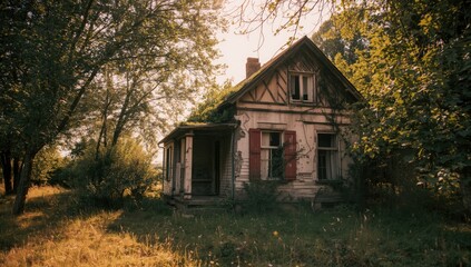 Fototapeta premium Abandoned home facade during summer with peeling paint, highlighting seasonal neglect