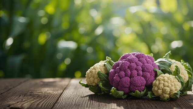 Cauliflower heads in purple, green, and white hues arranged for culinary presentation, emphasizing fiber-rich vegetables