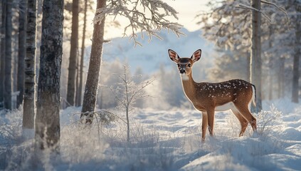 Young female doe deer in winter forest, emphasizing wildlife adaptation in cold seasons