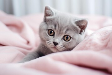 Obraz premium Gray fluffy domestic kitten relaxing in soft pink bedding
