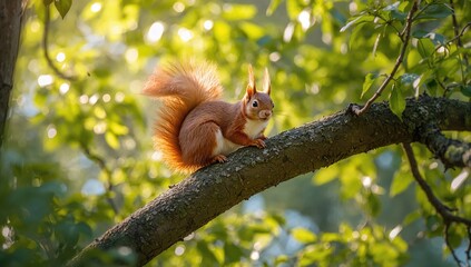 Obraz premium Red squirrel on a tree, demonstrating animal activity in forest habitats, World Wildlife Day