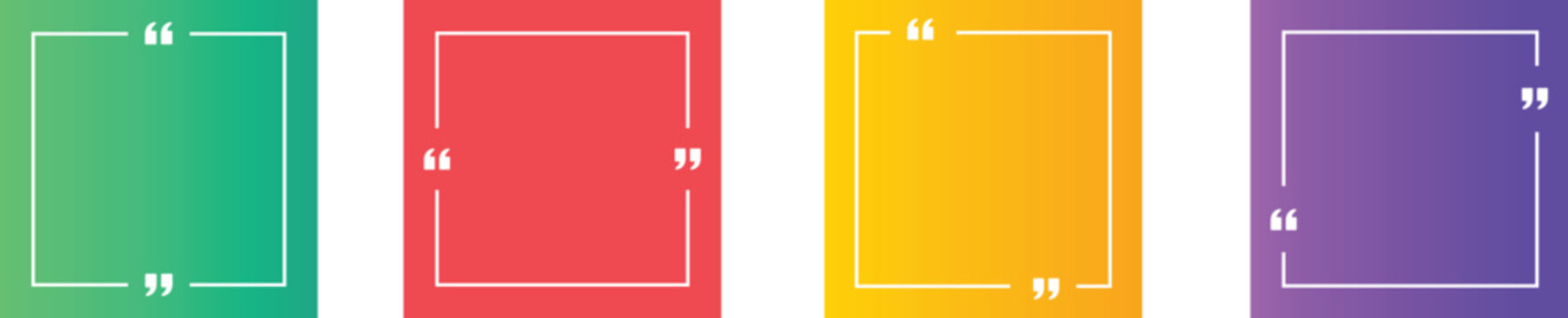Set of colorful square quote frames with speech marks on vibrant backgrounds, vector template for social media testimonials and creative remarks