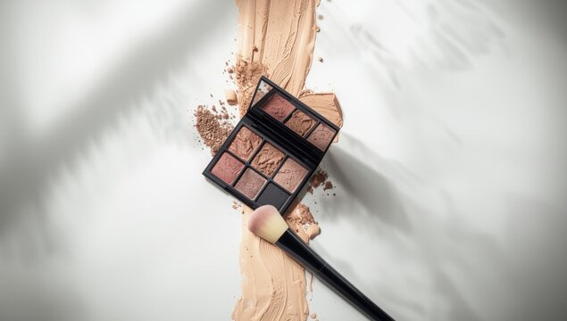 Close-up of a cosmetic powder palette on a white surface for skincare and beauty routines