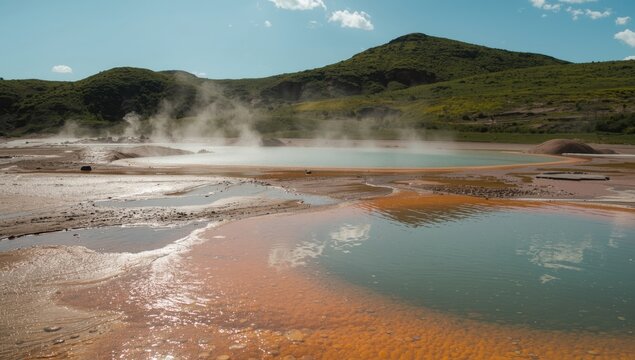 Geyser valley in miniature with steam and fumaroles close to Mutnovsky volcano, Kamchatka, geothermal features, Earth Day