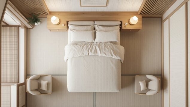 Japanese style bedroom with white and beige tones, double bed and armchairs, creating a calming Zen meditation area