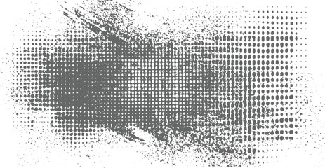 Abstract distressed halftone pattern with grunge brush stroke effect and scattered dots creating a textured monochrome background for