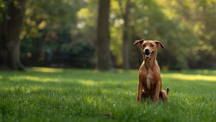 Young dog engaging in play within a park environment, highlighting animal behavior and green scenery
