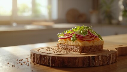 Whole grain bread topped with cheese, fresh salad, and radish on wooden serving board, focusing on nutritious ingredients