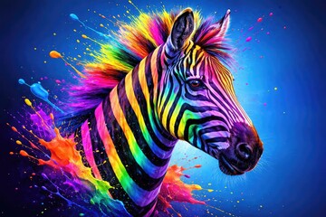 Colorful neon zebra head art with vivid paint splashes over a smooth blue background