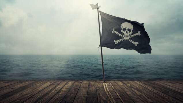 Pirates ship deck with old jolly roger flag, focusing on nautical activities and vessel upkeep