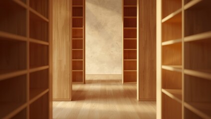 Naklejka premium Oak veneered MDF wooden bookcases and wall panels, used in modern room furnishings