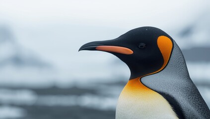 King penguin with detailed view of eye and beak on South Georgia Island, highlighting bird adaptation in nature