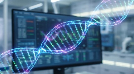Digital representation of a DNA helix on a computer screen displaying data, signifying scientific research and genetic sequencing in a modern laboratory setting