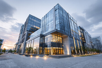 Obraz premium Modern commercial real estate building with clean architectural lines and large glass windows reflecting evening sky, creating calm and professional atmosphere