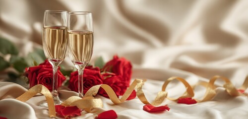 Elegant Celebration: Champagne and Roses on Luxurious Satin with Gold Ribbon Accents