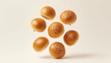 Freshly baked buns displayed on a plain white surface, suitable for culinary presentation or menu design