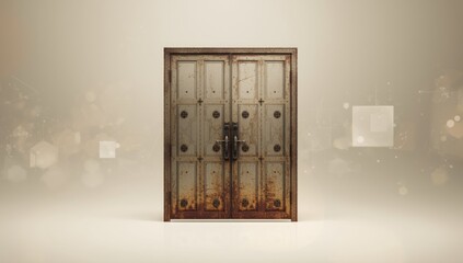 Old metal door with rusted steel panels on a vintage house, used as a background for architectural or design projects