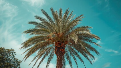 Green-leaved palm trees bearing immature dates, ideal for editorial header backgrounds