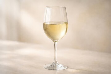 Clear glass of white wine on a softly blurred neutral backdrop
