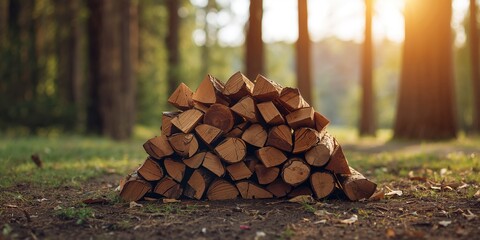 Cut firewood arranged for sale in a wood yard, highlighting preparation for winter heating, Winter Heating Season
