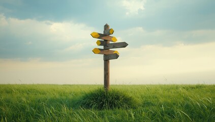Tall wooden sign with yellow arrows in a grassy landscape, serving as a navigation marker, Earth Day