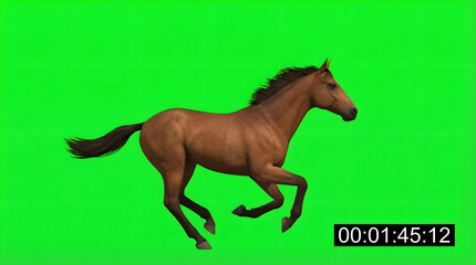 Brown horse running on green screen with timestamp