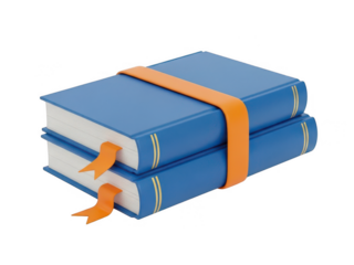 A stack of blue books tied with an orange ribbon isolated on transparent background