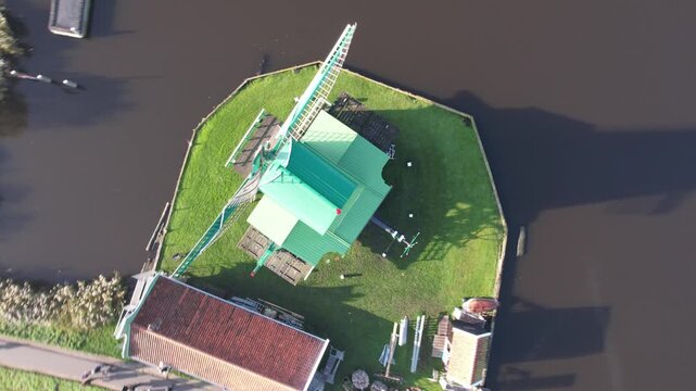 Wide aerial view of iconic windmills at Zaanse Schans, Netherlands