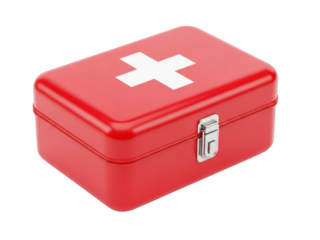 A red first aid kit with a white cross on the lid, featuring a secure metallic latch isolated on transparent background