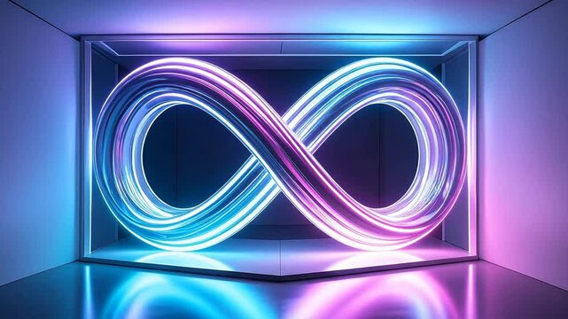 Abstract infinity symbol glowing with neon light inside a modern cube structure.