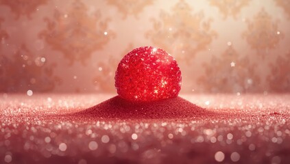 Close-up of red crystal sand surface serving as a textured backdrop for abstract solar planet imagery in vintage style wallpaper