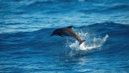 Naklejka premium Dolphin jumping from the ocean surface, showcasing agility in a natural marine environment
