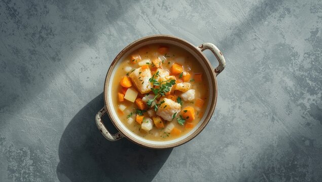 Fish chowder in a bowl placed on a concrete background, highlighting food preparation and cleanliness, World Food Safety Day
